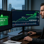 "A high-contrast, cinematic infographic showing a modern investor looking at a dual-screen setup. One screen displays a bright green monthly dividend payout of $2,850.75, while the larger background monitor reveals a soaring Nasdaq-100 chart leaving the flat portfolio line far behind, highlighting the opportunity cost of dividend investing."