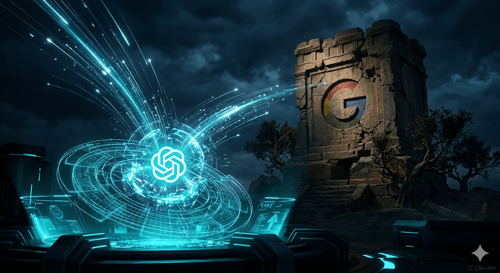 A cinematic digital art piece depicting a glowing ChatGPT AI interface in the foreground, contrasted with a crumbling stone monument featuring the Google logo in the background, symbolizing a seismic paradigm shift in the tech industry.