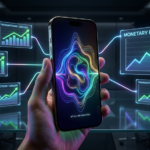 "Premium close-up of a dark-titanium iPhone 18 screen with a fluid multi-colored neon soundwave representing Siri and GPT-5.5 AI integration, connected to floating holographic transaction charts showing upward monetary flow."