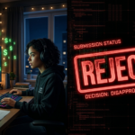 A split-screen digital artwork showing a creator analyzing a rising green earnings chart with dollar signs on a dimly lit workstation monitor on the left, contrasted with a sharp digital stamp overlay displaying a glowing red REJECTED message on a matrix background on the right.