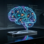 A crisp medium shot of a luxury smartphone on a dark minimalist desk, projecting a complex, luminescent neon-blue and purple 3D holographic neural network matrix into the air, creating a digital brain interface by Tech Macro Archive.
