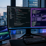 A hyper-realistic cinematic developer setup at dusk featuring a curved monitor displaying compiled code by a neon-purple AI agent terminal, alongside a tablet showing climbing Stripe recurring revenue and an acquisition confirmation, by Tech Macro Archive.