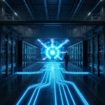 A hyper-realistic cinematic wide shot of a dark futuristic AI data center server room, featuring towering racks of supercomputers and pulsing deep electric-blue Cherenkov radiation neon light lines connecting the grid to a central glowing reactor core, by Tech Macro Archive.