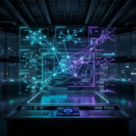 A hyper-realistic wide cinematic shot of a dark corporate control center at night, featuring massive hovering holographic matrices with neon cyan and deep violet light showcasing autonomous multi-agent network topologies, by Tech Macro Archive.