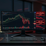 A high-end Wall Street trading workstation setup at night featuring a dark curved monitor displaying NVDA candlestick charts with high volatility, and a secondary panel showing red alert indicators for FEPI and JEPQ NAV erosion, by Tech Macro Archive.