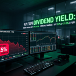 A premium tech-noir financial trading floor infographic showing a dual-monitor setup in the foreground. Left screen displays a plunging investment performance chart with a prominent red sticker reading '-14.5% TOTAL RETURN PRINCIPAL EROSION'. In the background, a massive glowing green neon ticker displays 'FEPI / JEPQ DIVIDEND YIELD: +25%', creating a stark contrast between high yield and principal loss, branded with techmacroarchive.com