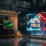 A high-contrast financial infographic comparing SCHD and a high-yield income fund. Features a traditional gold coin vault displaying a steady green dividend growth chart for SCHD, next to a volatile, fracturing holographic screen showing a 12% yield with red downward trends and a liquidity crisis warning. Source: techmacroarchive.com