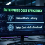 "A professional dark-mode BI dashboard titled 'ENTERPRISE COST EFFICIENCY' displaying a cost-to-benefit mathematical formula. The numerator shows 'Human Cost x Latency' with a human icon, and the denominator shows 'Token Cost + Infra Overhead' with an AI chip icon, flanked by global data visualization maps and analytical charts."