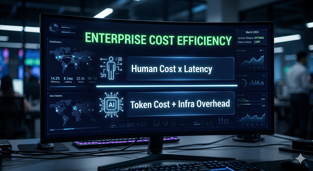 "A professional dark-mode BI dashboard titled 'ENTERPRISE COST EFFICIENCY' displaying a cost-to-benefit mathematical formula. The numerator shows 'Human Cost x Latency' with a human icon, and the denominator shows 'Token Cost + Infra Overhead' with an AI chip icon, flanked by global data visualization maps and analytical charts."