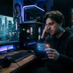 A dramatic, tech-noir infographic showing a stressed digital creator in a dark room holding a glowing credit card, surrounded by floating holographic billing statements for cloud compute and AI render services, with a high-fidelity monitor displaying an ultra-realistic 3D AI video render of a futuristic city from Tech Macro Archive.