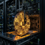 "A close-up, dramatic shot of a glowing AI semiconductor wafer with sharp gold and amber circuit patterns being lowered into a massive dark industrial server cluster, capturing raw technological power and high-value tech infrastructure."